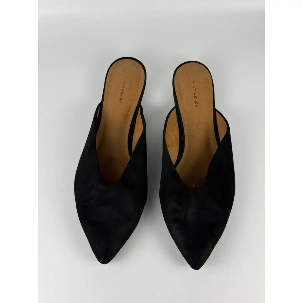 14th & Union Womens Black Faux Suede Pointed Toe V-Cut Vamp Mules Size 10M